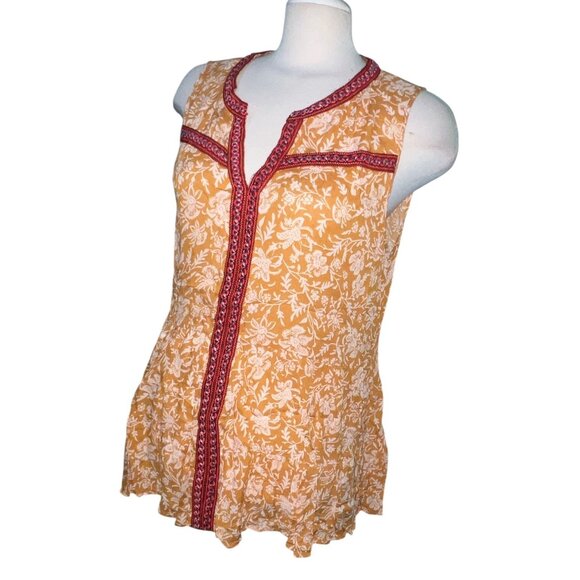 Democracy Sleeveless Boho Floral Top With Red Embroidery Trim Sz Large Womens - Picture 5 of 10